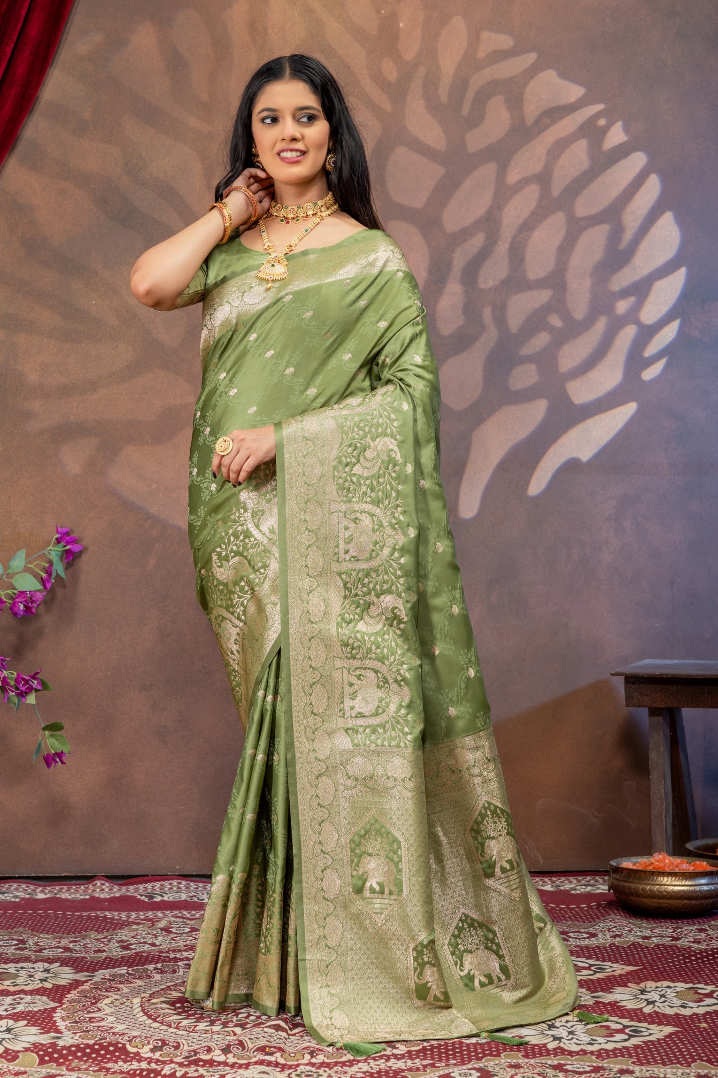 UrbanAdaa Premium Soft Silk Satin Saree with Banarasi Zari Weaving