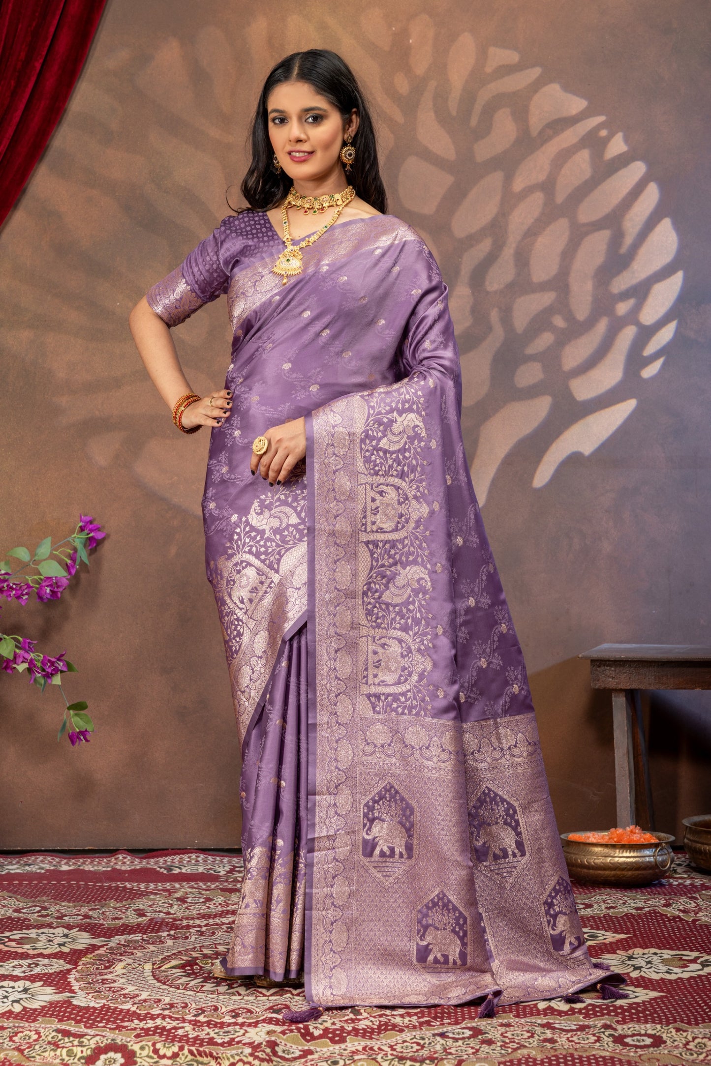 UrbanAdaa Premium Soft Silk Satin Saree with Banarasi Zari Weaving