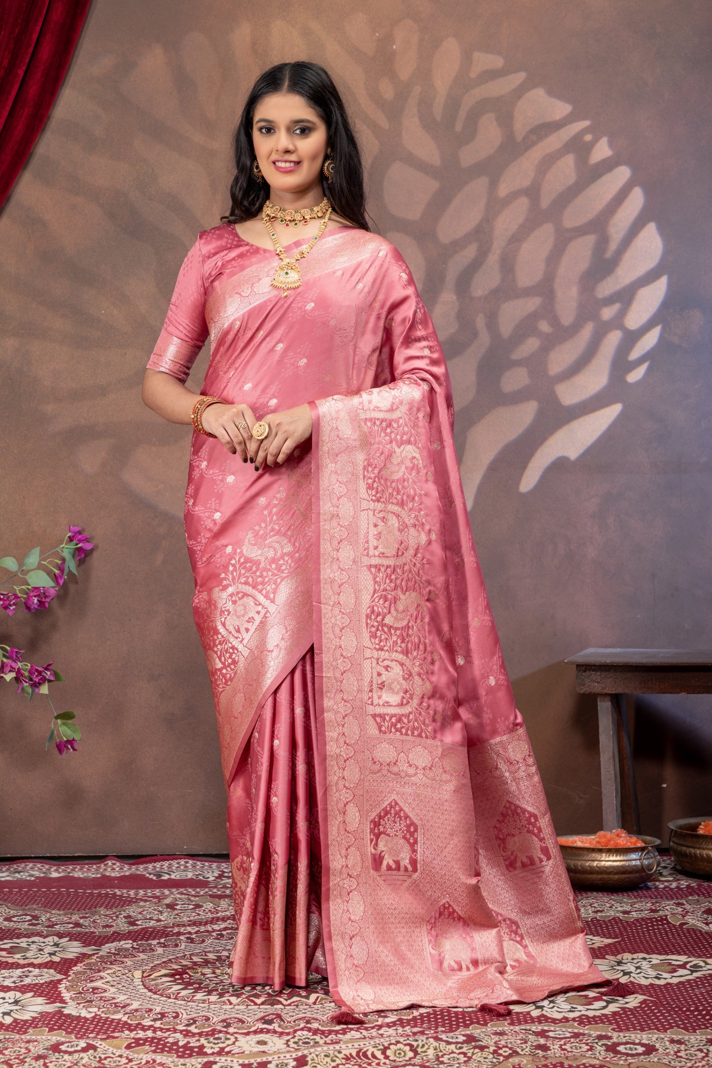UrbanAdaa Premium Soft Silk Satin Saree with Banarasi Zari Weaving