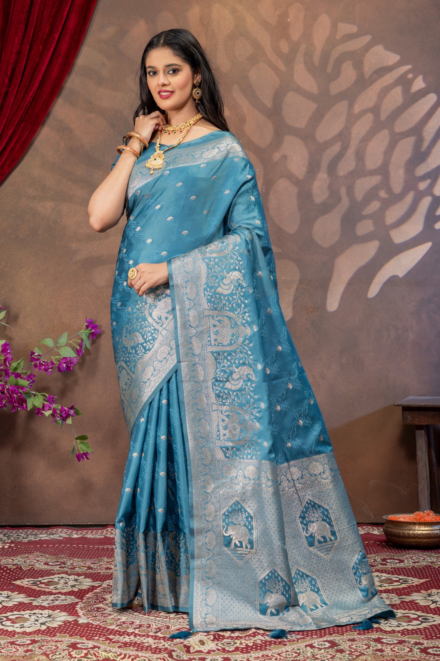 UrbanAdaa Premium Soft Silk Satin Saree with Banarasi Zari Weaving
