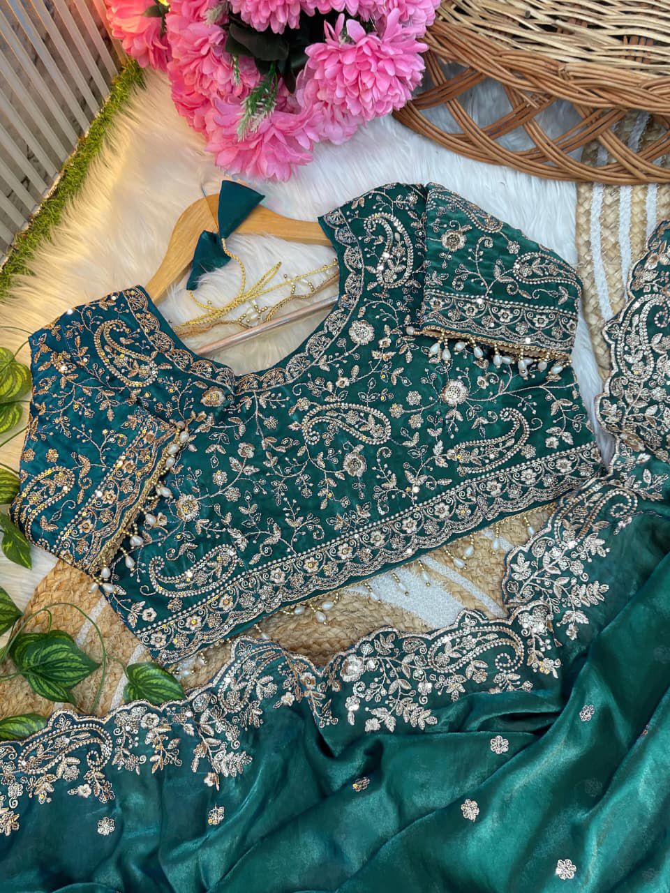 DESIGNER FENDY SATIN SAREE - TEAL GREEN